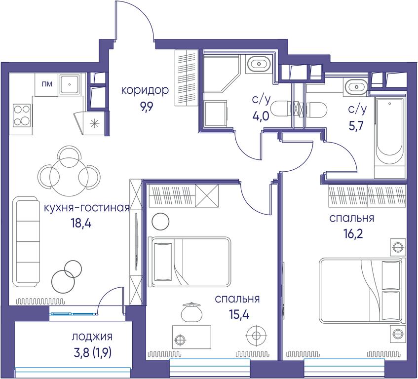 2-BD Apartment Sale, 71.5 sq. m. at Ostrov, Nizhnye Mnyovniki Street, 37Ас4, Moscow, Russia #1