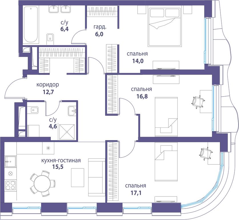 3-BD Apartment Sale, 93.1 sq. m. at Simvol, Nevelskogo Drive, 6к1, Moscow, Russia #1