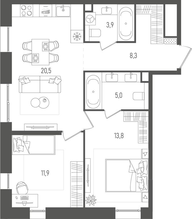 2-BD Apartment Sale, 63.4 sq. m. at Pave, 2nd Paveletsky Drive, Moscow, Russia #1