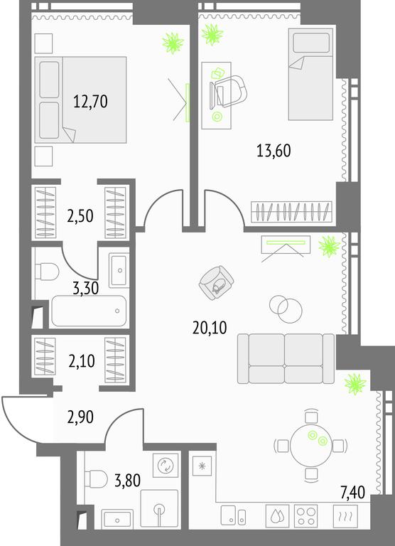 2-BD Apartment Sale, 69.6平方米 at Upside Towers, Ogorodny Drive, 4с1, Moscow, Russia #1 2-BD Apartment Sale, 69.6平方米 at Upside Towers, Ogorodny Drive, 4с1, Moscow, Russia #1