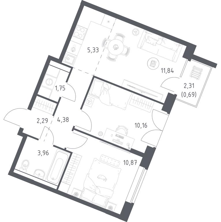 1-BD Apartment Sale, 51.27 sq. m. at Kvartal Zapadnyj, kvartal № 76, Marushkinskoye Settlement, Moscow, Russia #1
