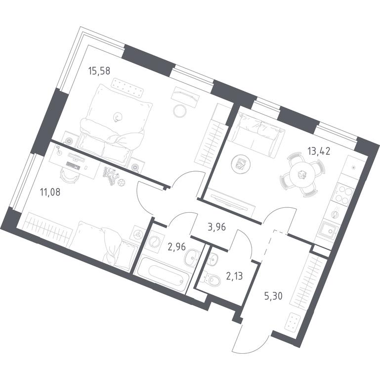 1-BD Apartment Sale, 54.43平方米 at Kvartal Zapadnyj, kvartal № 76, Marushkinskoye Settlement, Moscow, Russia #1