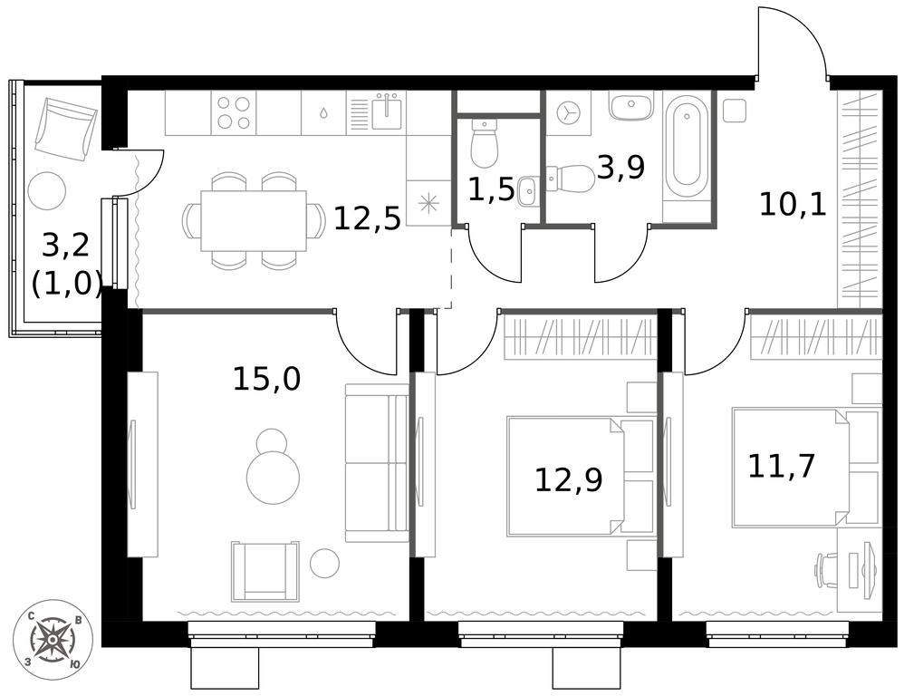 3-BD Apartment Sale, 68.6 sq. m. at Pervy Donskoj, zhiloy mikrorayon Sapronovo, derevnya Sapronovo, Leninskiy City District, Moscow Region, Russia #1