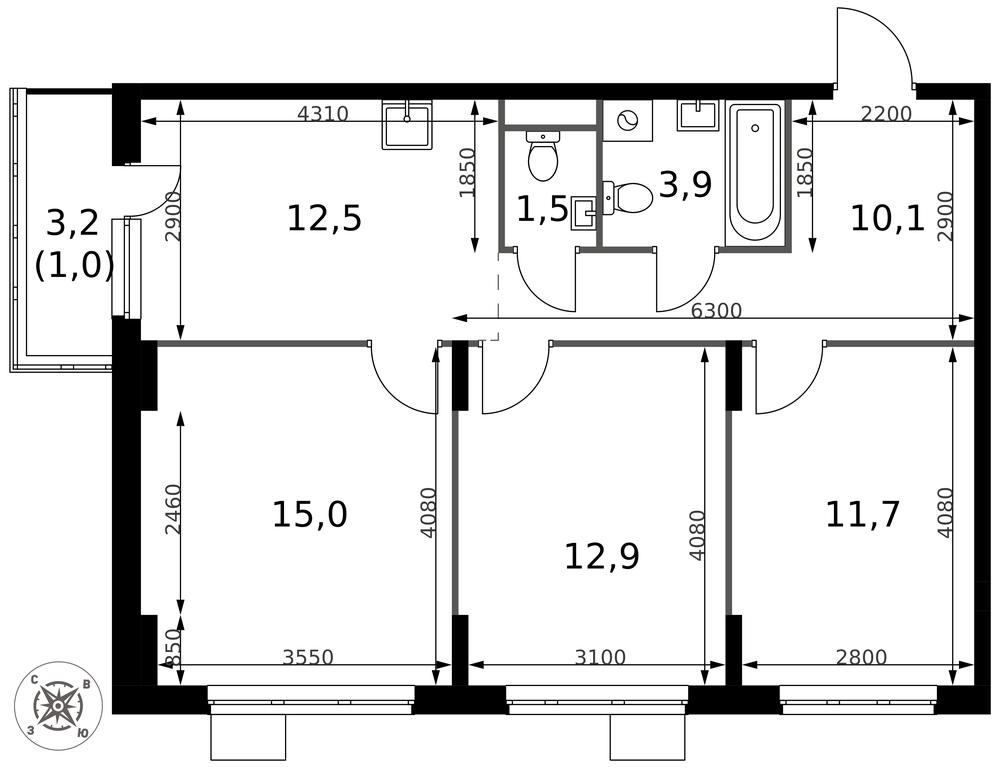 3-BD Apartment Sale, 68.6 sq. m. at Pervy Donskoj, zhiloy mikrorayon Sapronovo, derevnya Sapronovo, Leninskiy City District, Moscow Region, Russia #2