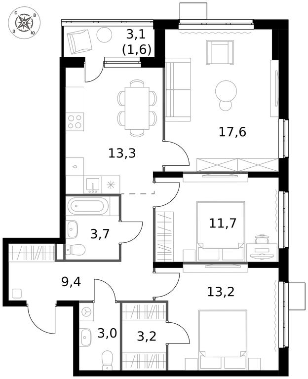 3-BD Apartment Sale, 76.7平方米 at Pervy Donskoj, zhiloy mikrorayon Sapronovo, derevnya Sapronovo, Leninskiy City District, Moscow Region, Russia #1