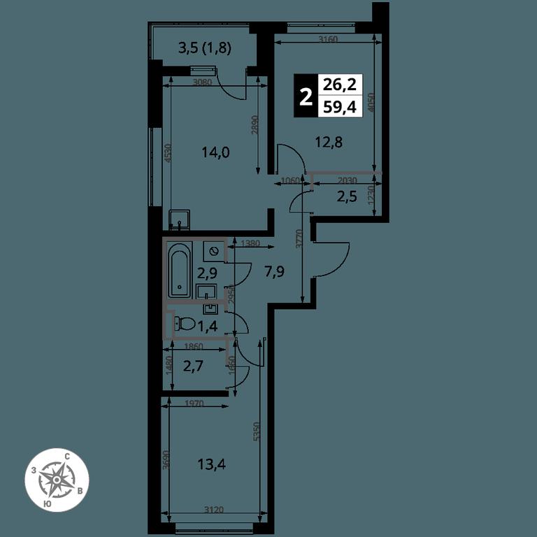 2-BD Apartment Sale, 59.4 sq. m. at Pervy Donskoj, zhiloy mikrorayon Sapronovo, derevnya Sapronovo, Leninskiy City District, Moscow Region, Russia #2