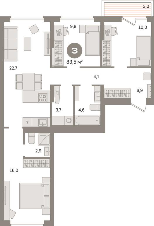 3-BD Apartment Sale, 83.5 sq. m. at Pervy kvartal, Kalinovaya ulitsa, derevnya Sapronovo, Leninskiy City District, Moscow Region, Russia #1
