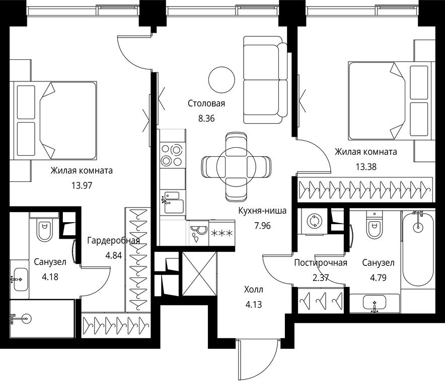 2-BD Apartment Sale, 63.98平方米 at City Bay, Volokolamskoye Highway, 95с3, Moscow, Russia #1