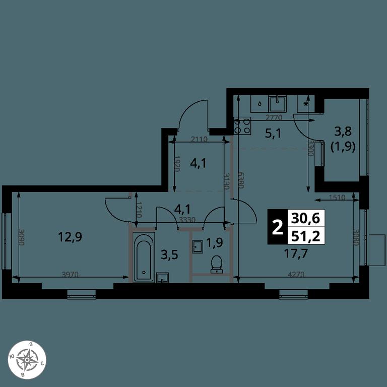 2-BD Apartment Sale, 51.2平方米 at 1 Yasenevskij, Kvartal № 24, Mosrentgen Settlement, Moscow, Russia #1