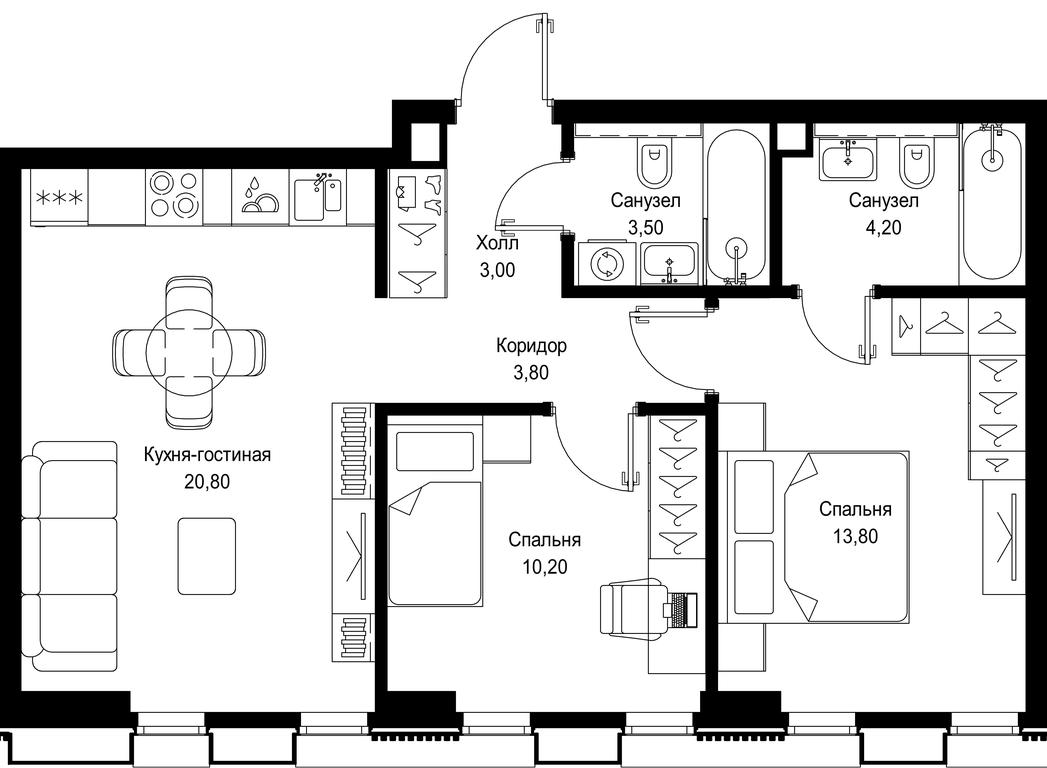2-BD Apartment Sale, 59.3平方米 at Multikvartal CITYZEN, Vishnyovaya Street, Moscow, Russia #1