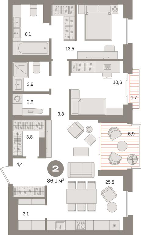 2-BD Apartment Sale, 86.1平方米 at Kvartal «MONS», Ogorodny Drive, Moscow, Russia #1
