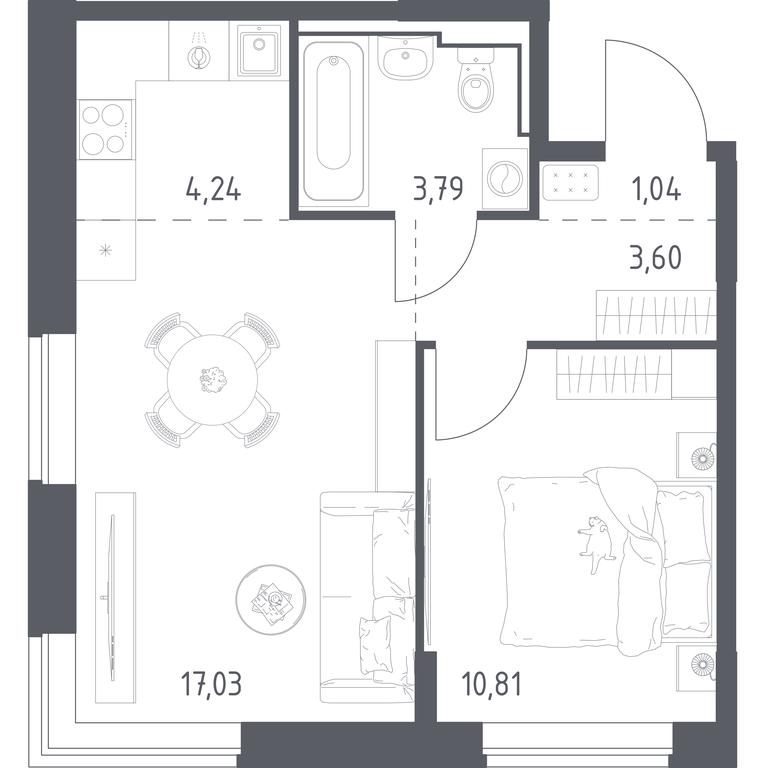 Apartment Sale, 40.51平方米 at Pribrezhnyi Park, Pribrezhniy Park Residential Complex, Village of Yam, Domodedovo City District, Moscow Region, Russia #1