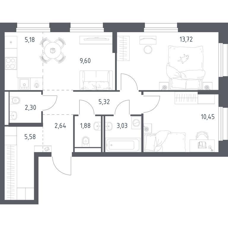 1-BD Apartment Sale, 59.7 sq. m. at Kvartal Strogino, zhiloy kompleks Kvartal Strogino, Krasnogorsk, Moscow Region, Russia #1