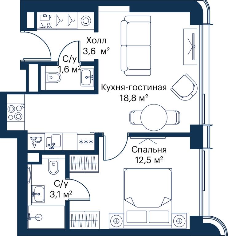 1-BD Apartment Sale, 39.42 sq. m. at City Bay, Volokolamskoye Highway, 95с3, Moscow, Russia #2