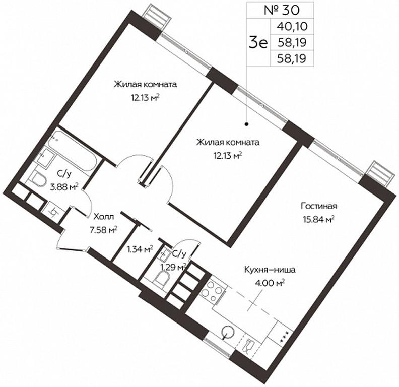 2-BD Apartment Sale, 58.19平方米 at Kvartal Rumyantsevo, ulitsa Admirala Kornilova, с1, Mosrentgen Settlement, Moscow, Russia #1