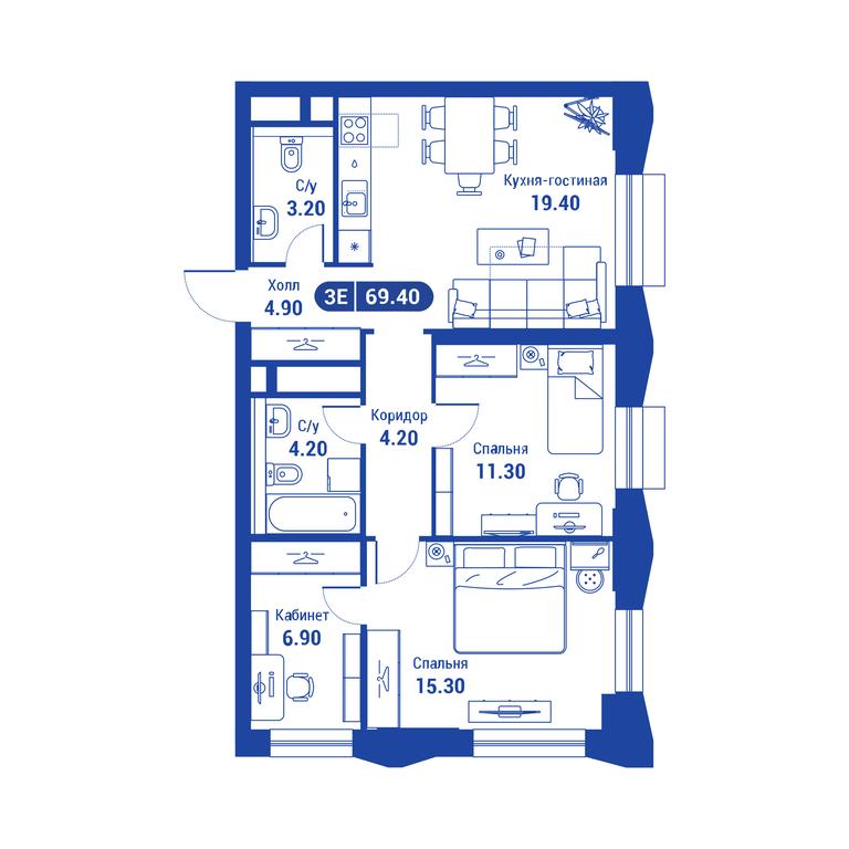 2-BD Apartment Sale, 69.4 sq. m. at iLove, улица Бочкова, 11А, Москва, Россия #1 2-BD Apartment Sale, 69.4 sq. m. at iLove, улица Бочкова, 11А, Москва, Россия #1