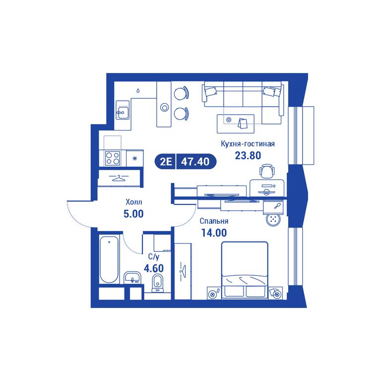 1-BD Apartment Sale, 47.4 sq. m. at iLove, улица Бочкова, 11А, Москва, Россия #1 1-BD Apartment Sale, 47.4 sq. m. at iLove, улица Бочкова, 11А, Москва, Россия #1