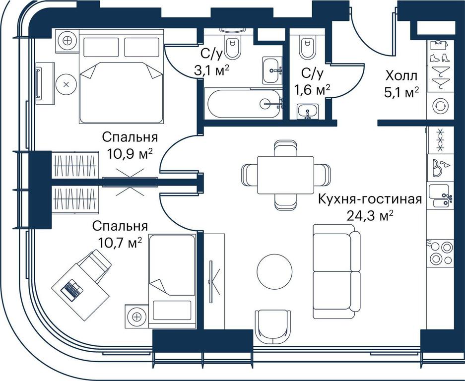 2-BD Apartment Sale, 54.54 sq. m. at City Bay, Volokolamskoye Highway, 95с3, Moscow, Russia #1