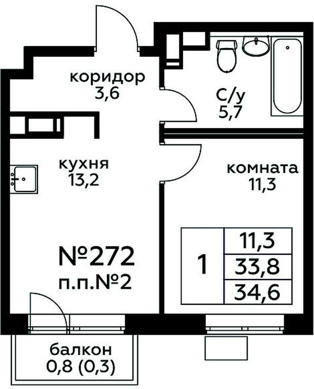 Apartment Sale, 34.6平方米 at Tsvetochnye Poliany, kvartal № 23, Filimonkovskoye Municipal Formation, Moscow, Russia #1