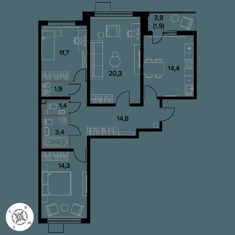 3-BD Apartment Sale, 84.3 sq. m. at Pervy Donskoj, zhiloy mikrorayon Sapronovo, derevnya Sapronovo, Leninskiy City District, Moscow Region, Russia #1
