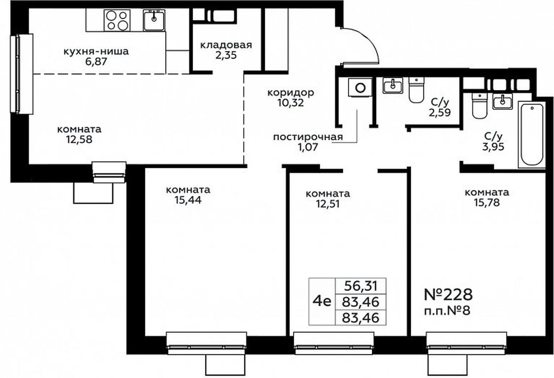 3-BD Apartment Sale, 83.46平方米 at Novograd Pavlino, Kosinskoye shosse, 2, Novoye Pavlino Microdistrict, Balashikha, Moscow Region, Russia #1