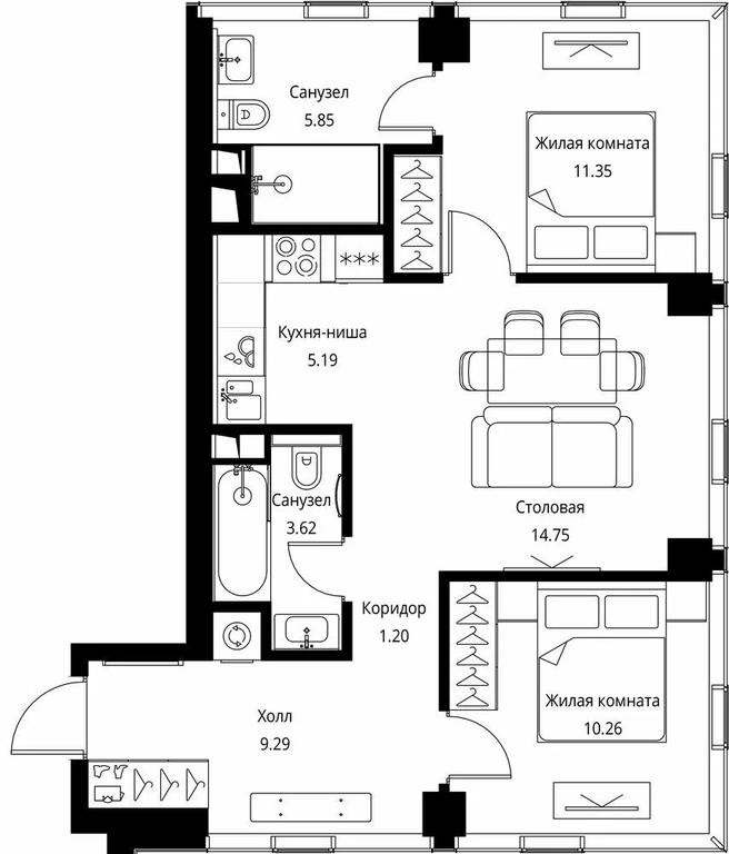 2-BD Apartment Sale, 61.51 sq. m. at City Bay, Volokolamskoye Highway, 95с3, Moscow, Russia #1