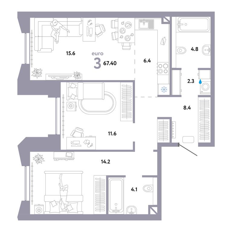 2-BD Apartment Sale, 67.3平方米 at Strana.Ozernaya, Ozyornaya Street, 42с7, Moscow, Russia #1