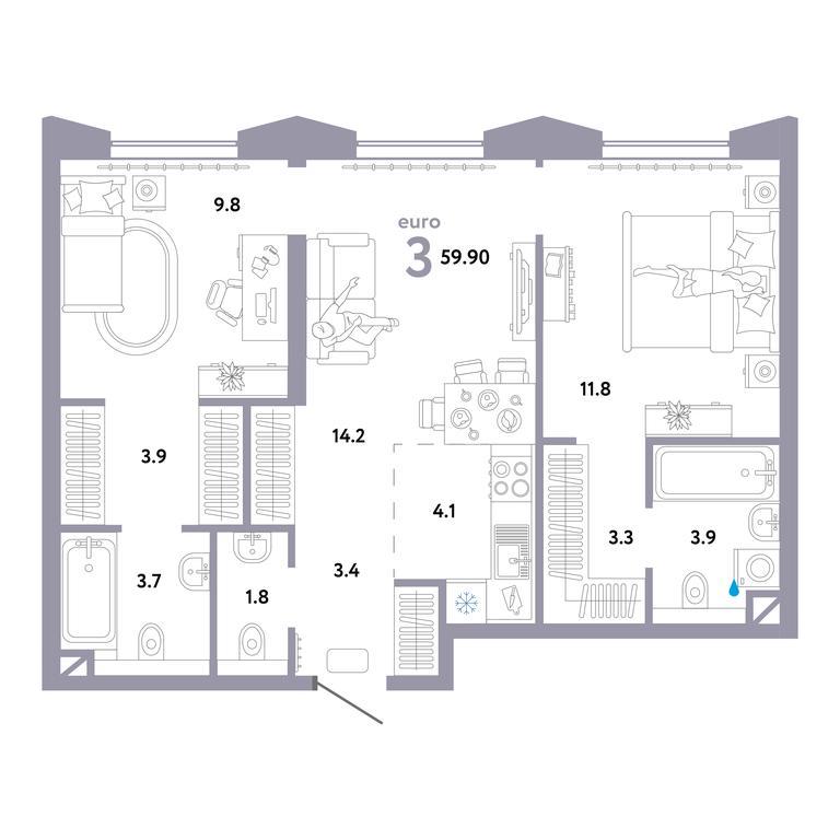 2-BD Apartment Sale, 60.4平方米 at Strana.Ozernaya, Ozyornaya Street, 42с7, Moscow, Russia #1