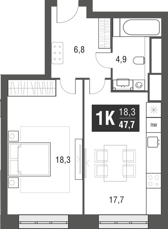 1-BD Apartment Sale, 47.7平方米 at Afi Tower, Serebryakova Drive, 11-13к1, Moscow, Russia #1