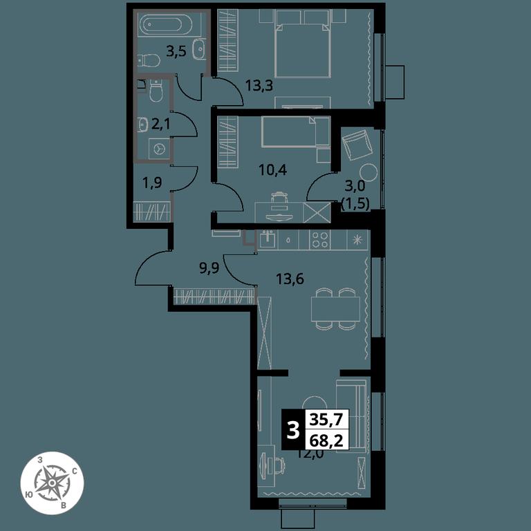 3-BD Apartment Sale, 68.2 sq. m. at Pervy Yuzhny, zhiloy kompleks Pervy Yuzhny, Leninskiy City District, Moscow Region, Russia #1 3-BD Apartment Sale, 68.2 sq. m. at Pervy Yuzhny, zhiloy kompleks Pervy Yuzhny, Leninskiy City District, Moscow Region, Russia #1
