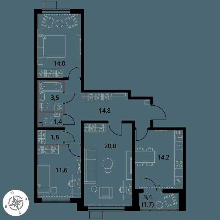 3-BD Apartment Sale, 83平方米 at Pervy Yuzhny, zhiloy kompleks Pervy Yuzhny, Leninskiy City District, Moscow Region, Russia #1
