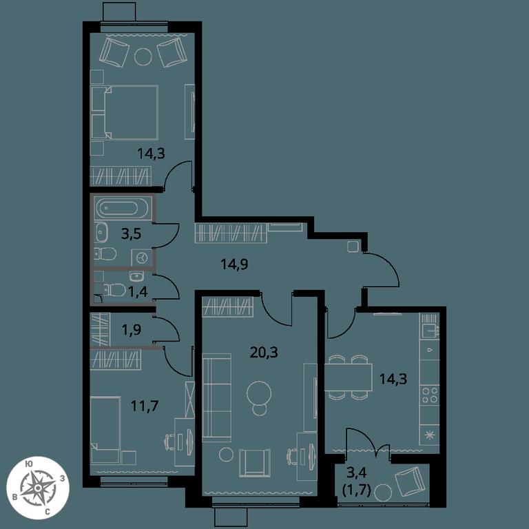 3-BD Apartment Sale, 84 sq. m. at Pervy Yuzhny, zhiloy kompleks Pervy Yuzhny, Leninskiy City District, Moscow Region, Russia #1