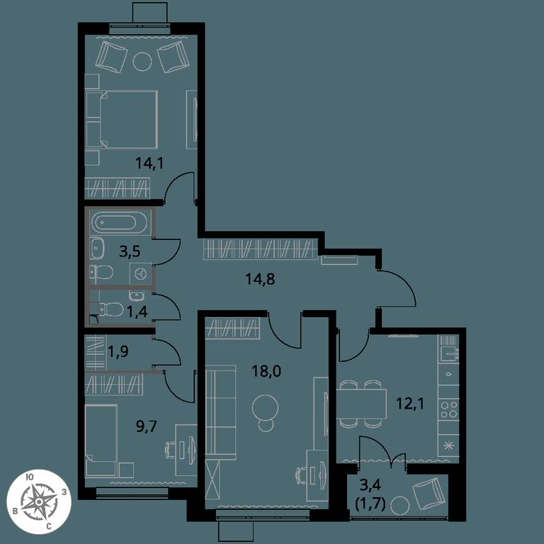 3-BD Apartment Sale, 77.2 sq. m. at Pervy Yuzhny, zhiloy kompleks Pervy Yuzhny, Leninskiy City District, Moscow Region, Russia #1