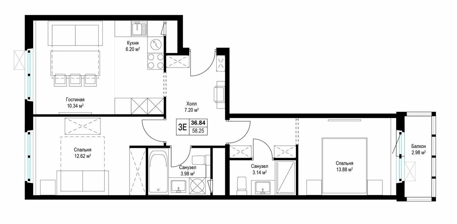 2-BD Apartment Sale, 58平方米 at Eko Vidnoe 2.0, kvartal Tsentralny, 1, Kupelinka Subdistrict, derevnya Sapronovo, Leninskiy City District, Moscow Region, Russia #1 2-BD Apartment Sale, 58平方米 at Eko Vidnoe 2.0, kvartal Tsentralny, 1, Kupelinka Subdistrict, derevnya Sapronovo, Leninskiy City District, Moscow Region, Russia #1