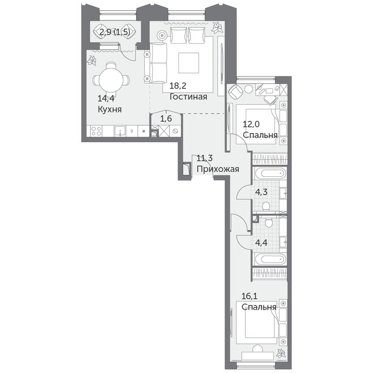 3-BD Apartment Sale, 83.8平方米 at Rezhisser, Vilgelma Pika Street, 3, Moscow, Russia #1