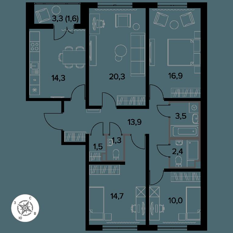 4-BD Apartment Sale, 100.7 sq. m. at Yzhnaya Bitsa, Yuzhnaya Bitsa Residential Complex, posyolok Bittsa, Leninskiy City District, Moscow Region, Russia #1