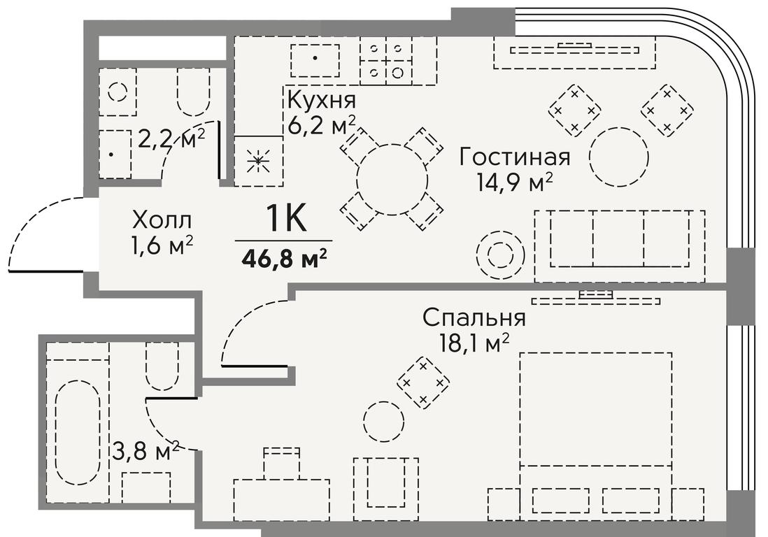 1-BD Apartment Sale, 46.8 sq. m. at Stories, zhiloy kompleks Storis na Mosfilmovskoy, kvartal Kinematograficheskiy, Moscow, Russia #2