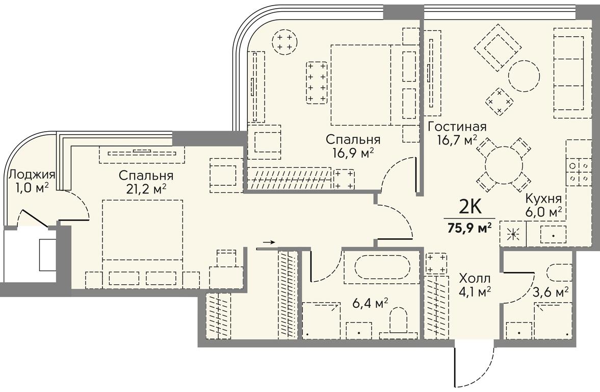 2-BD Apartment Sale, 75.9 sq. m. at Stories, zhiloy kompleks Storis na Mosfilmovskoy, kvartal Kinematograficheskiy, Moscow, Russia #2