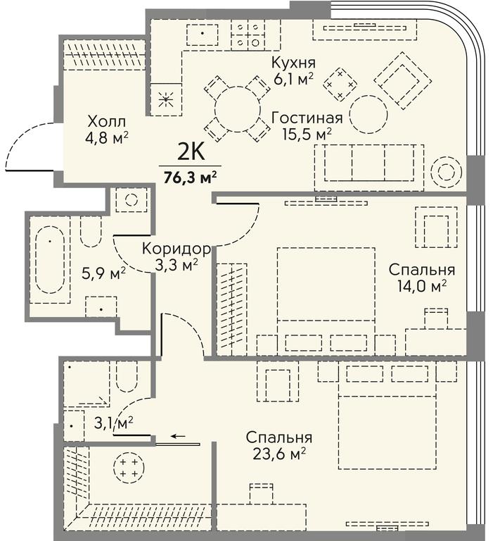 2-BD Apartment Sale, 76.3 sq. m. at Stories, zhiloy kompleks Storis na Mosfilmovskoy, kvartal Kinematograficheskiy, Moscow, Russia #2