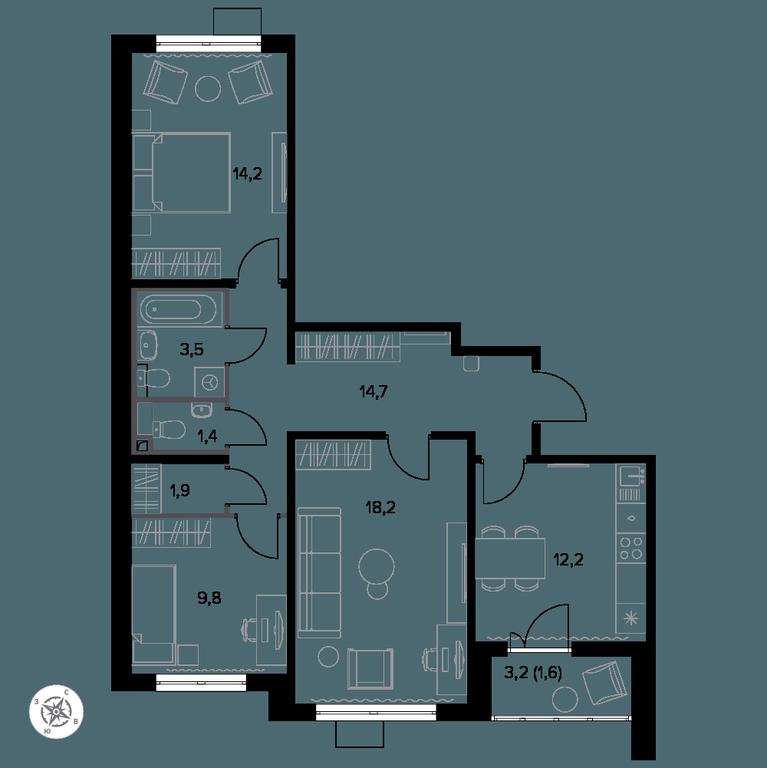 3-BD Apartment Sale, 77.7 sq. m. at Yzhnaya Bitsa, Yuzhnaya Bitsa Residential Complex, posyolok Bittsa, Leninskiy City District, Moscow Region, Russia #1