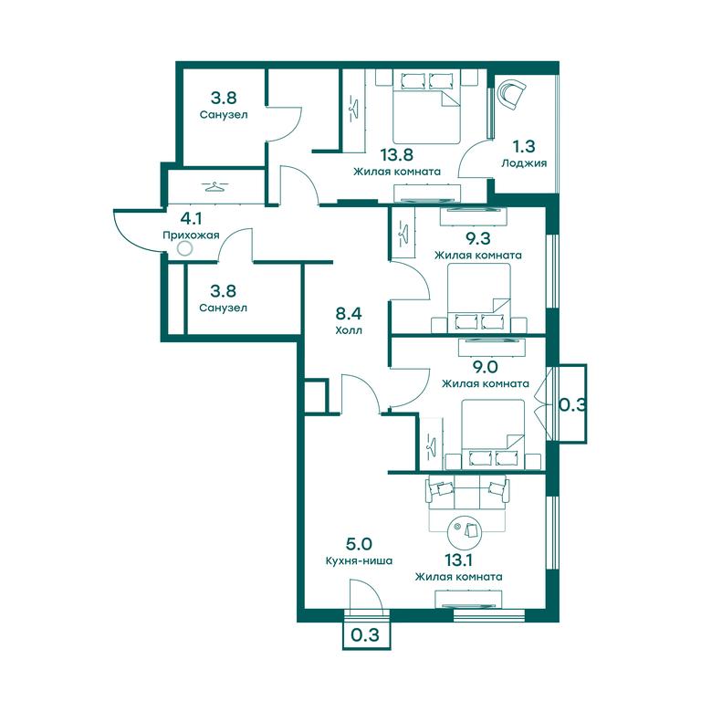 3-BD Apartment Sale, 70.7 sq. m. at Ravnovesie, zhiloy kompleks Ravnovesiye, selo Perkhushkovo, Odintsovskiy City District, Moscow Region, Russia #1