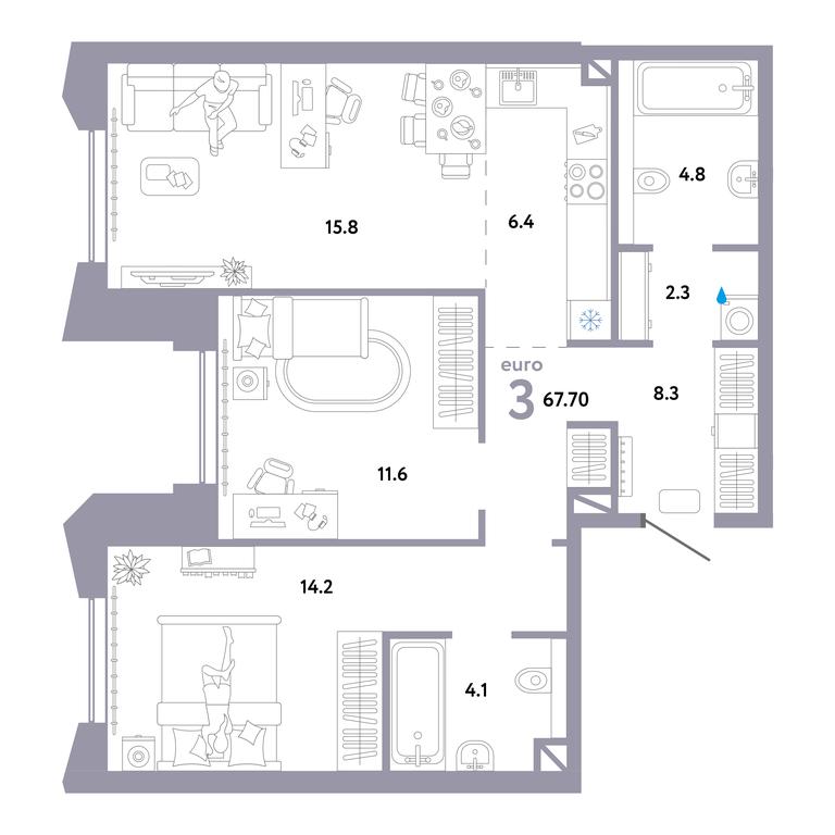 2-BD Apartment Sale, 67.9 sq. m. at Strana.Ozernaya, Ozyornaya Street, 42с7, Moscow, Russia #1