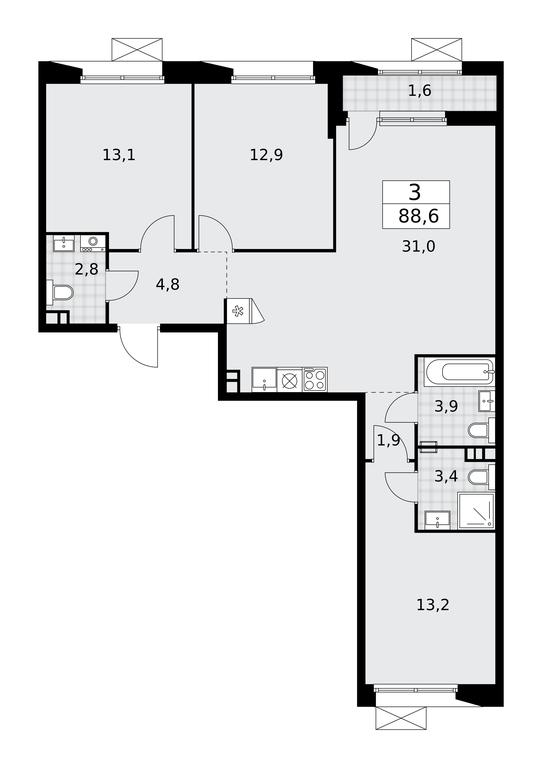 2-BD Apartment Sale, 88.6 sq. m. at Buninskie Kvartaly, Akademika Semyonova Street, 22, Moscow, Russia #1