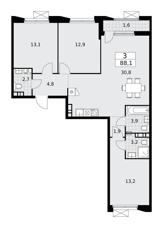 2-BD Apartment Sale, 88.1平方米 at Buninskie Kvartaly, Akademika Semyonova Street, 22, Moscow, Russia #1