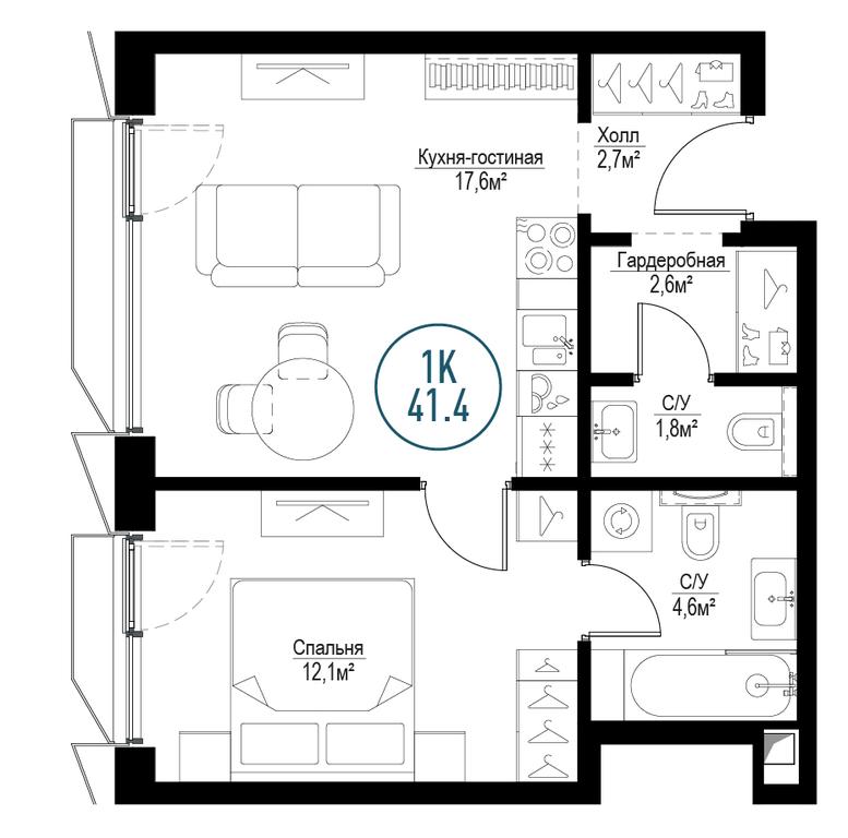1-BD Apartment Sale, 41平方米 at Metropoliya, Volgogradsky Avenue, 32/3к1, Moscow, Russia #1