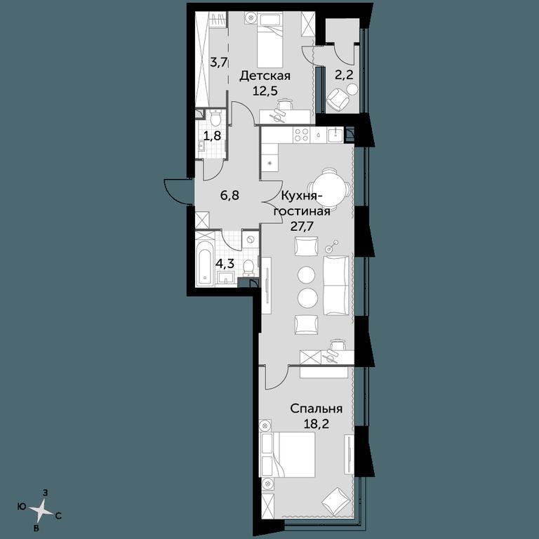 3-BD Apartment Sale, 78.1 sq. m. at Sky Garden, Stroitelny Drive, 9с6, Moscow, Russia #1