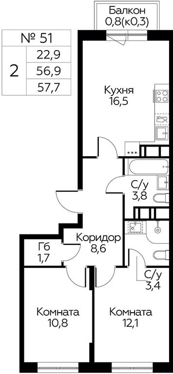1-BD Apartment Sale, 57.7 sq. m. at Tsvetochnye Poliany, kvartal № 23, Filimonkovskoye Municipal Formation, Moscow, Russia #1