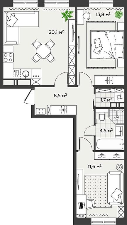 2-BD Apartment Sale, 60.2 sq. m. at Eko Bunino, prospekt Kuprina, 34к1, Sosenskoye Settlement, Moscow, Russia #2