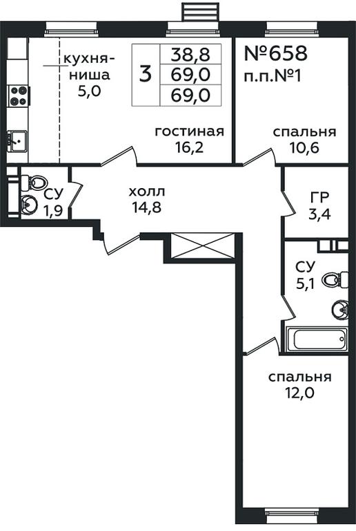 2-BD Apartment Sale, 69 sq. m. at Eko Bunino, prospekt Kuprina, 34к1, Sosenskoye Settlement, Moscow, Russia #1