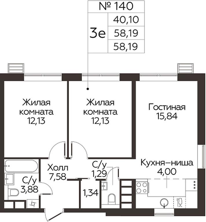 2-BD Apartment Sale, 58.19 sq. m. at Kvartal Rumyantsevo, ulitsa Admirala Kornilova, с1, Mosrentgen Settlement, Moscow, Russia #1